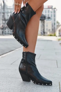 New Botki Kowbojki Damskie Z Eko Skóry Na Słupku Czarne Abrielle Damskie Botki Ocieplane|Botki Na Słupku