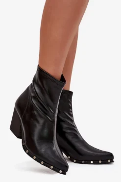 New Botki Kowbojki Damskie Z Eko Skóry Na Słupku Czarne Abrielle Damskie Botki Ocieplane|Botki Na Słupku