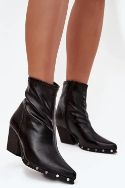 New Botki Kowbojki Damskie Z Eko Skóry Na Słupku Czarne Abrielle Damskie Botki Ocieplane|Botki Na Słupku