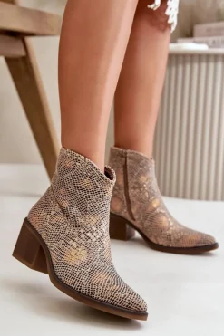 Sale Botki Kowbojki Damskie Zapinane Na Zamek Zwierzęcy Wzór Złote Merisine Damskie Botki Ażurowe|Brązowe I Beżowe Botki