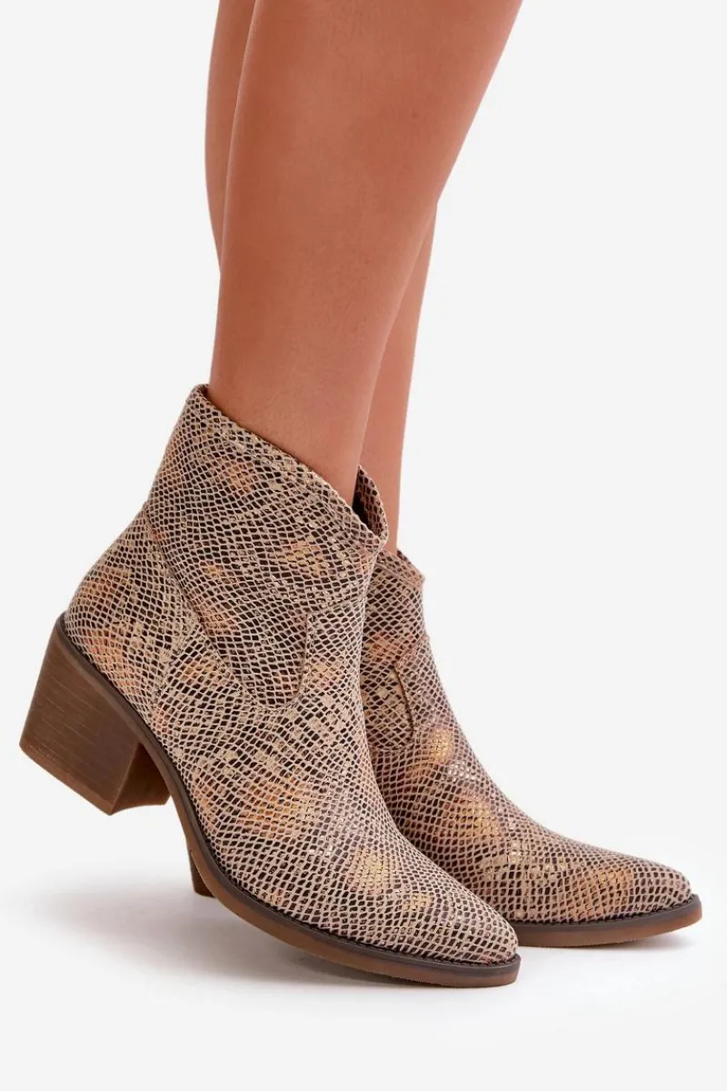 Sale Botki Kowbojki Damskie Zapinane Na Zamek Zwierzęcy Wzór Złote Merisine Damskie Botki Ażurowe|Brązowe I Beżowe Botki