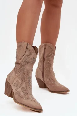 New Botki Kowbojki Damskie Ze Zdobieniem Beżowe Arlissima Damskie Botki Na Słupku|Botki Na Obcasie