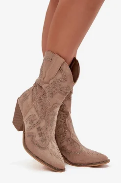 New Botki Kowbojki Damskie Ze Zdobieniem Beżowe Arlissima Damskie Botki Na Słupku|Botki Na Obcasie