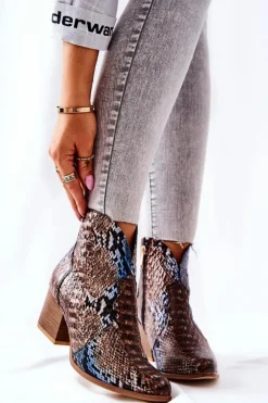 Online Botki Kowbojki Lewski Brązowo-Niebieskie Wężowy Wzór EV28 Damskie Botki Na Słupku|Brązowe I Beżowe Botki