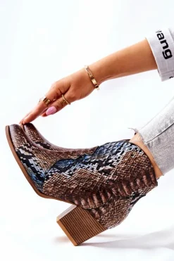 Online Botki Kowbojki Lewski Brązowo-Niebieskie Wężowy Wzór EV28 Damskie Botki Na Słupku|Brązowe I Beżowe Botki