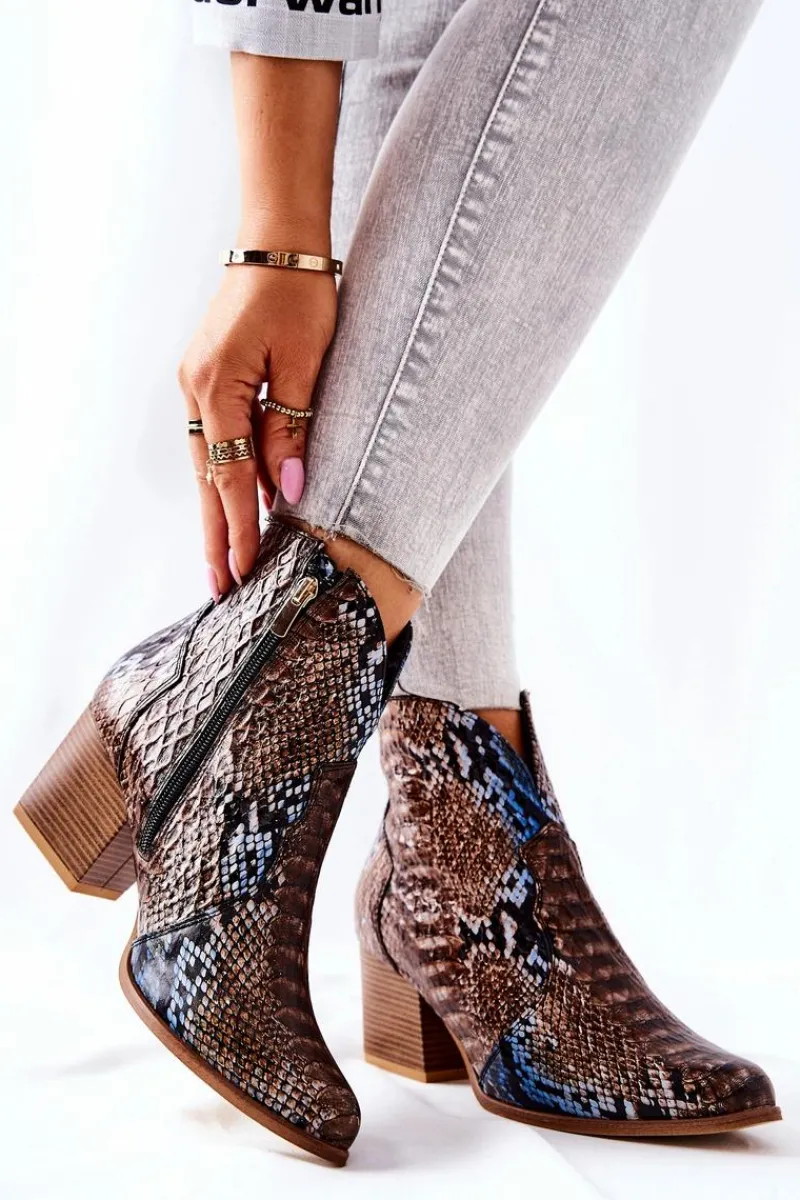 Online Botki Kowbojki Lewski Brązowo-Niebieskie Wężowy Wzór EV28 Damskie Botki Na Słupku|Brązowe I Beżowe Botki