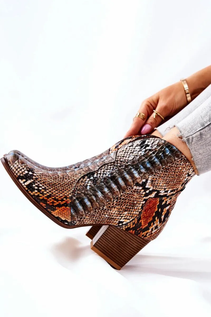 Botki Na Słupku|Brązowe I Beżowe Botki>Boto Botki Kowbojki Lewski Pomarańczowo-Niebieskie Wężowy Wzór EV28