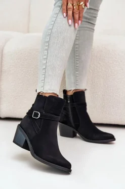 Best Botki Kowbojki Na Obcasie Z Noskami W Szpic Ocieplane Na Zamek Czarne Glamer Damskie Botki Na Słupku|Czarne Botki