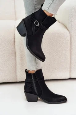 Best Botki Kowbojki Na Obcasie Z Noskami W Szpic Ocieplane Na Zamek Czarne Glamer Damskie Botki Na Słupku|Czarne Botki