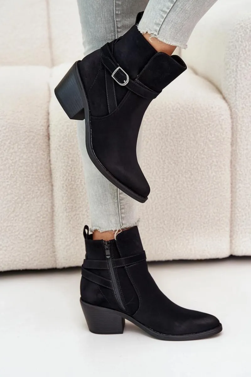 Best Botki Kowbojki Na Obcasie Z Noskami W Szpic Ocieplane Na Zamek Czarne Glamer Damskie Botki Na Słupku|Czarne Botki