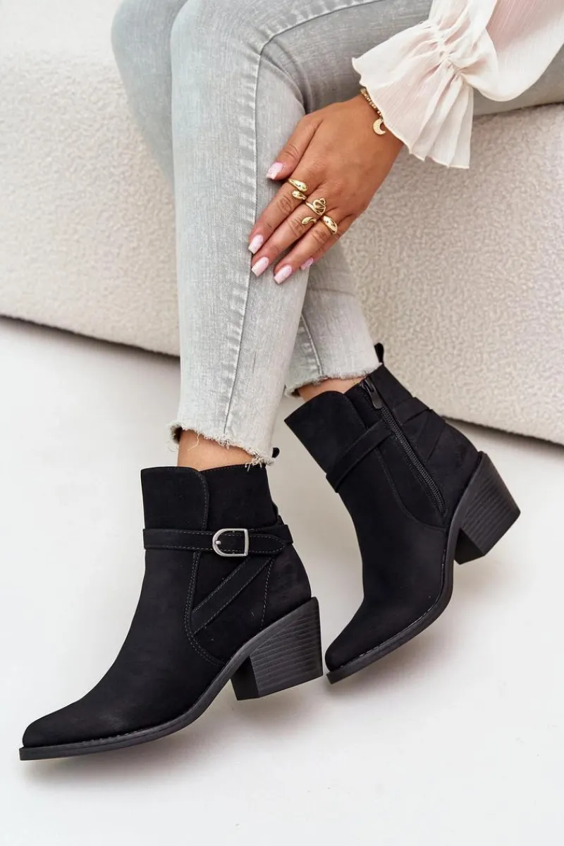 Best Botki Kowbojki Na Obcasie Z Noskami W Szpic Ocieplane Na Zamek Czarne Glamer Damskie Botki Na Słupku|Czarne Botki