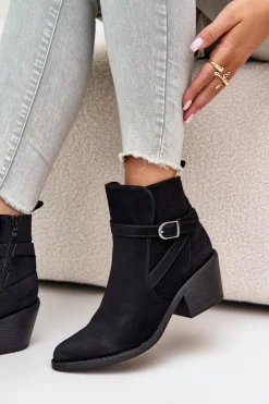 Best Botki Kowbojki Na Obcasie Z Noskami W Szpic Ocieplane Na Zamek Czarne Glamer Damskie Botki Na Słupku|Czarne Botki