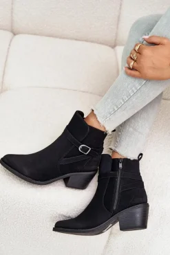 Best Botki Kowbojki Na Obcasie Z Noskami W Szpic Ocieplane Na Zamek Czarne Glamer Damskie Botki Na Słupku|Czarne Botki