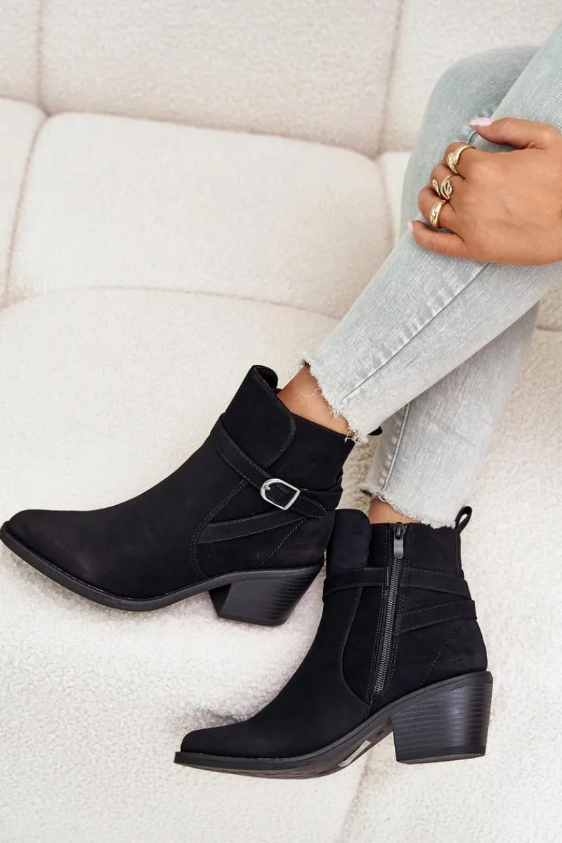 Best Botki Kowbojki Na Obcasie Z Noskami W Szpic Ocieplane Na Zamek Czarne Glamer Damskie Botki Na Słupku|Czarne Botki