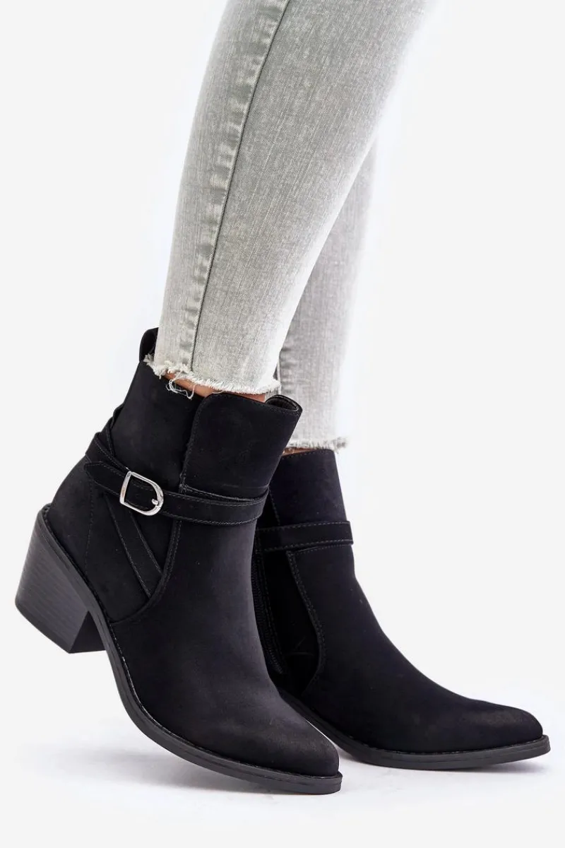 Best Botki Kowbojki Na Obcasie Z Noskami W Szpic Ocieplane Na Zamek Czarne Glamer Damskie Botki Na Słupku|Czarne Botki