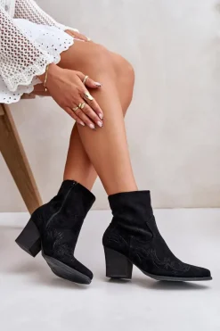 Clearance Boto Botki Kowbojki Na Słupku Eko Zamszowe Czarne Arabelline Czarny