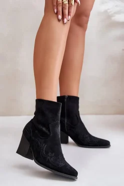 Clearance Boto Botki Kowbojki Na Słupku Eko Zamszowe Czarne Arabelline Czarny