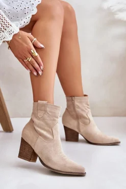 Clearance Botki Kowbojki Na Słupku Eko Zamszowe Jasnobeżowe Belorinae Damskie Botki Wiosenne|Botki Na Słupku