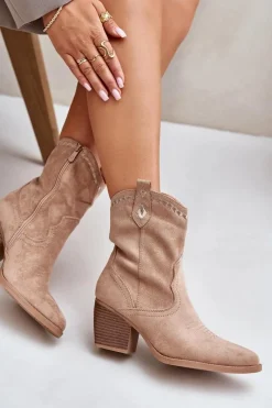 New Boto Botki Kowbojki Na Słupku Z Eko Zamszu Beżowe Narinae