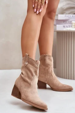 New Boto Botki Kowbojki Na Słupku Z Eko Zamszu Beżowe Narinae