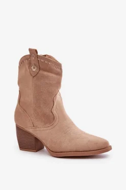 New Boto Botki Kowbojki Na Słupku Z Eko Zamszu Beżowe Narinae
