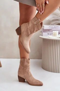 New Boto Botki Kowbojki Na Słupku Z Eko Zamszu Beżowe Narinae