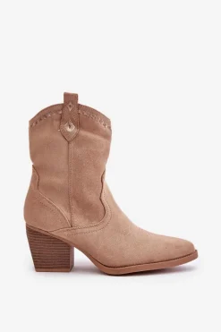 New Boto Botki Kowbojki Na Słupku Z Eko Zamszu Beżowe Narinae