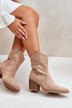 New Boto Botki Kowbojki Na Słupku Z Eko Zamszu Beżowe Narinae