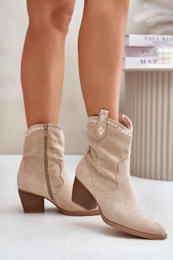Botki Na Słupku|Brązowe I Beżowe Botki>Boto Botki Kowbojki Na Słupku Z Eko Zamszu Jasnobeżowe Narinae