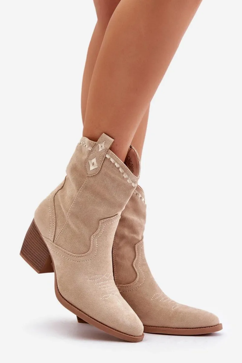 Botki Na Słupku|Brązowe I Beżowe Botki>Boto Botki Kowbojki Na Słupku Z Eko Zamszu Jasnobeżowe Narinae