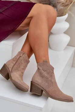 Outlet Damskie buty S.Barski Botki Kowbojki Na Zamek Eko Zamszowe Ażurowe S.Barski HY51-061 Beżowe