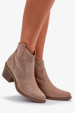 Outlet Damskie buty S.Barski Botki Kowbojki Na Zamek Eko Zamszowe Ażurowe S.Barski HY51-061 Beżowe