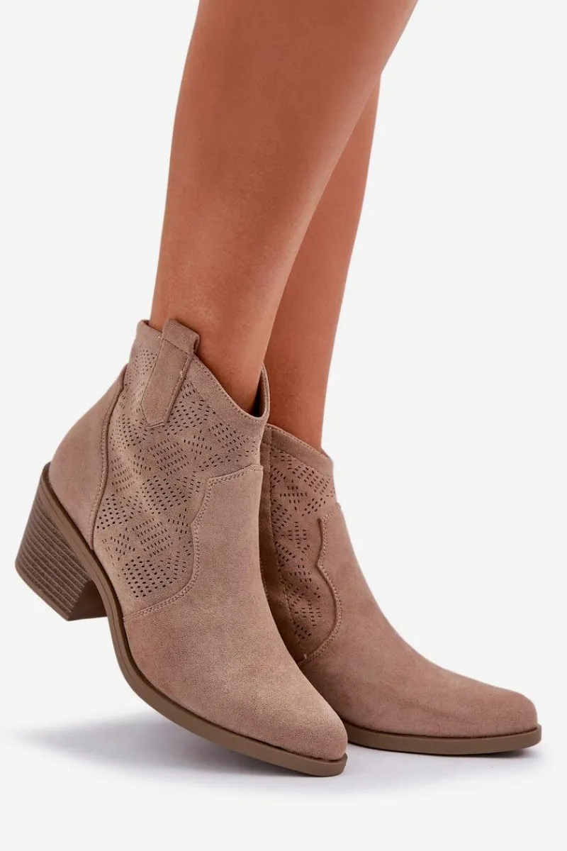 Outlet Damskie buty S.Barski Botki Kowbojki Na Zamek Eko Zamszowe Ażurowe S.Barski HY51-061 Beżowe