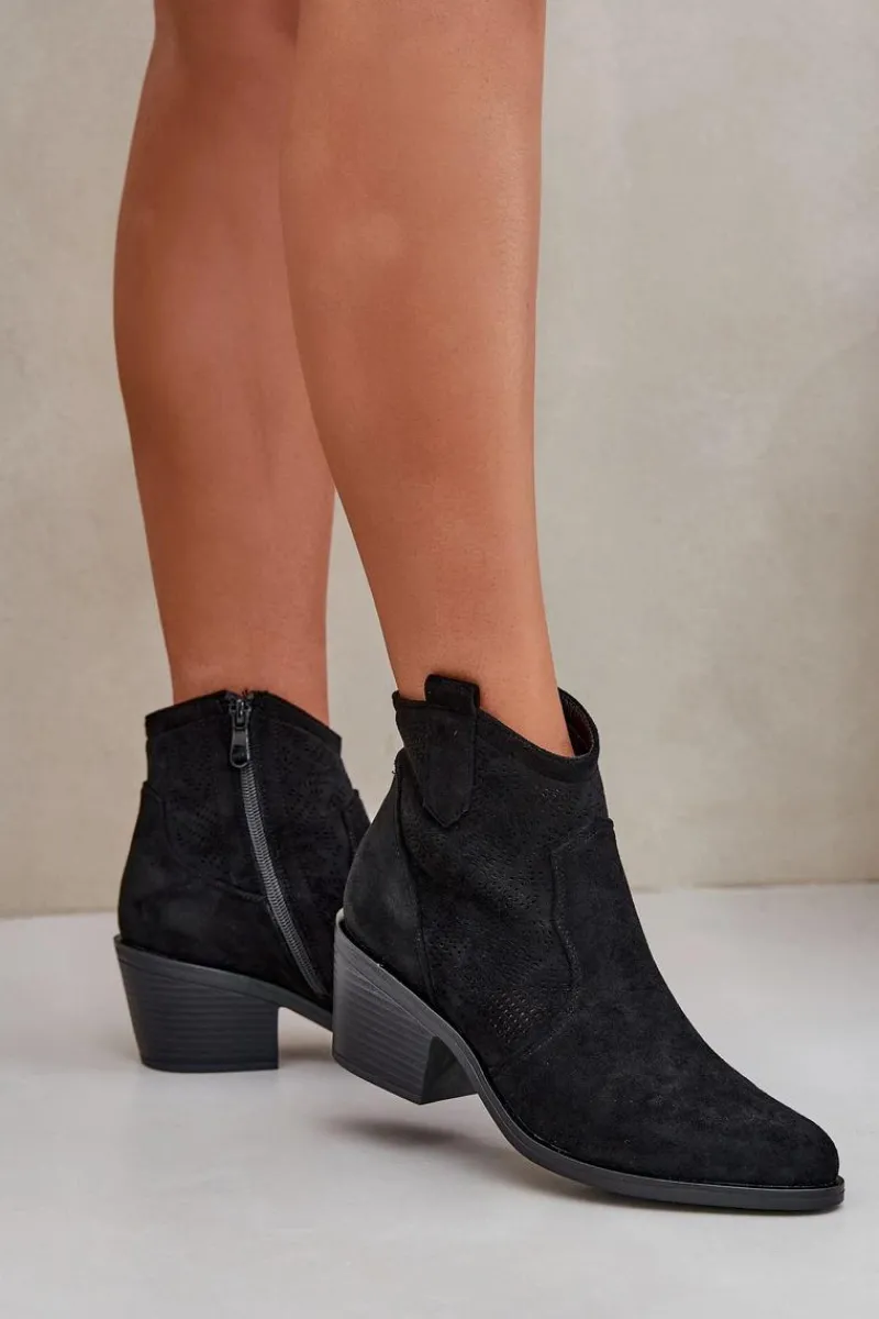 New Damskie buty S.Barski Botki Kowbojki Na Zamek Eko Zamszowe Ażurowe S.Barski HY51-061 Czarne Czarny