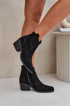 New Damskie buty S.Barski Botki Kowbojki Na Zamek Eko Zamszowe Ażurowe S.Barski HY51-061 Czarne Czarny