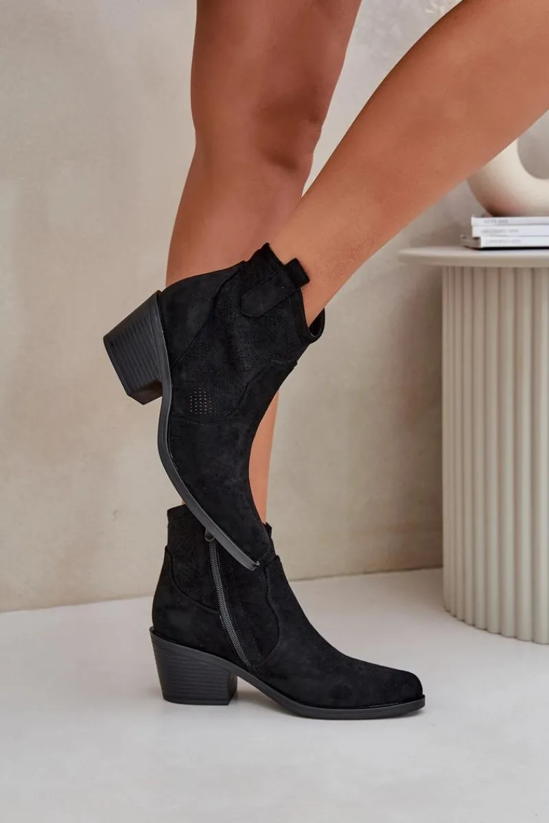 New Damskie buty S.Barski Botki Kowbojki Na Zamek Eko Zamszowe Ażurowe S.Barski HY51-061 Czarne Czarny