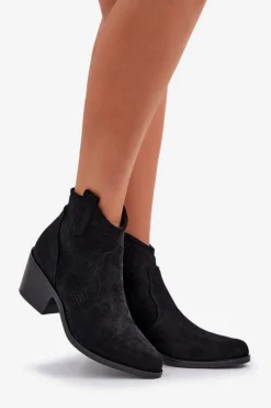 New Damskie buty S.Barski Botki Kowbojki Na Zamek Eko Zamszowe Ażurowe S.Barski HY51-061 Czarne Czarny