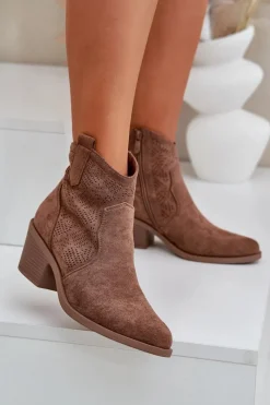 Botki Na Słupku|Botki Na Obcasie></noscript>Damskie buty S.Barski Botki Kowbojki Na Zamek Eko Zamszowe Ażurowe S.Barski HY51-061 Brązowe