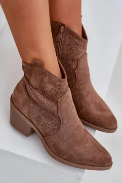 Botki Na Słupku|Botki Na Obcasie></noscript>Damskie buty S.Barski Botki Kowbojki Na Zamek Eko Zamszowe Ażurowe S.Barski HY51-061 Brązowe