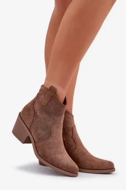 Botki Na Słupku|Botki Na Obcasie></noscript>Damskie buty S.Barski Botki Kowbojki Na Zamek Eko Zamszowe Ażurowe S.Barski HY51-061 Brązowe