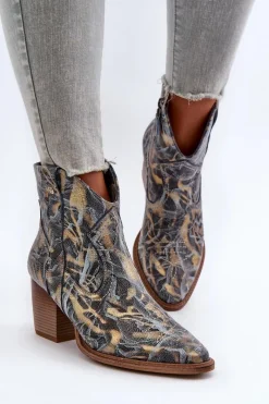 Online Maciejka Botki Kowbojki Skórzane Damskie Na Obcasie 05776-13 Niebieskie