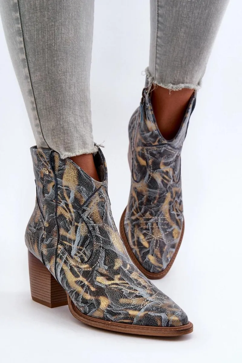 Online Maciejka Botki Kowbojki Skórzane Damskie Na Obcasie 05776-13 Niebieskie