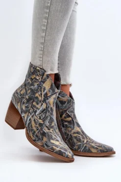 Online Maciejka Botki Kowbojki Skórzane Damskie Na Obcasie 05776-13 Niebieskie