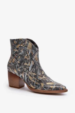 Online Maciejka Botki Kowbojki Skórzane Damskie Na Obcasie 05776-13 Niebieskie