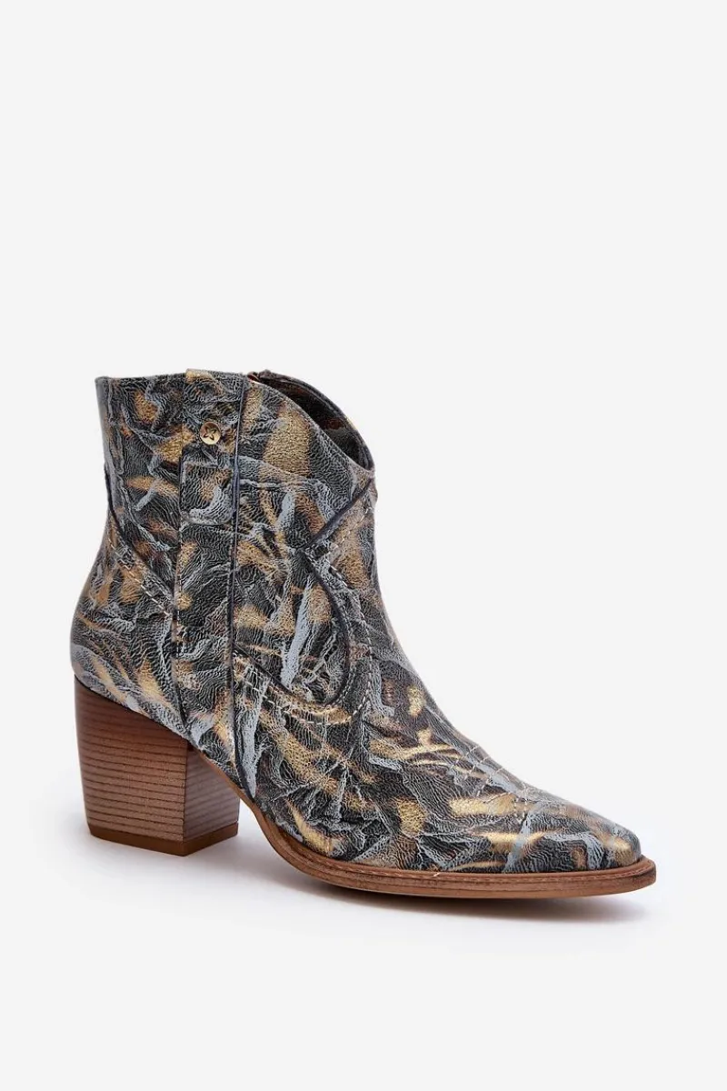 Online Maciejka Botki Kowbojki Skórzane Damskie Na Obcasie 05776-13 Niebieskie