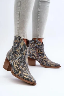 Online Maciejka Botki Kowbojki Skórzane Damskie Na Obcasie 05776-13 Niebieskie