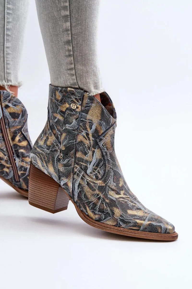 Online Maciejka Botki Kowbojki Skórzane Damskie Na Obcasie 05776-13 Niebieskie