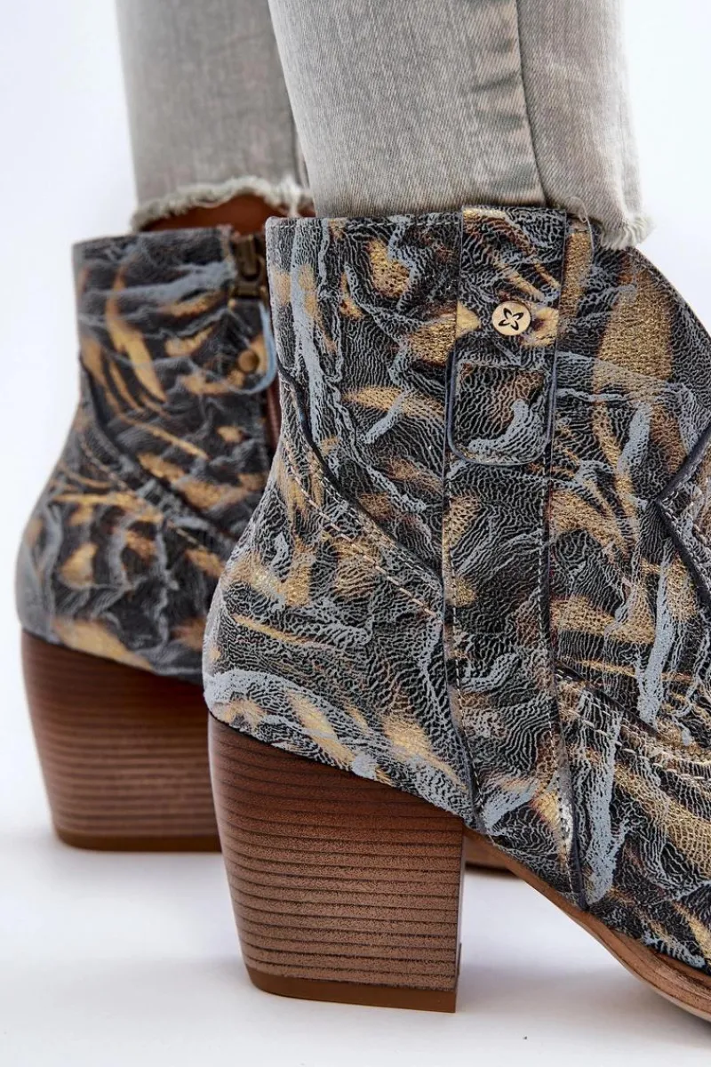 Online Maciejka Botki Kowbojki Skórzane Damskie Na Obcasie 05776-13 Niebieskie