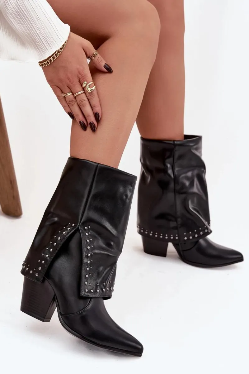 Discount Botki Kowbojki Z Wywiniętą Cholewką I Zdobieniem Ocieplane Czarne Inessia Damskie Botki Ocieplane|Botki Skórzane