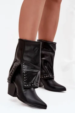 Discount Botki Kowbojki Z Wywiniętą Cholewką I Zdobieniem Ocieplane Czarne Inessia Damskie Botki Ocieplane|Botki Skórzane